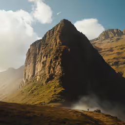 a hill in the mountains, with a horse near by