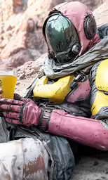 a man in armor sitting on the rocks drinking from a glass