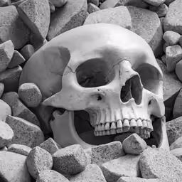 a skull that is laying in some rocks