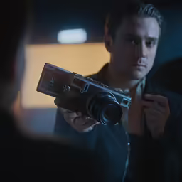 a person is holding a camera and another person is staring at it