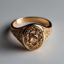 a gold ring with an image of the front of a flower design