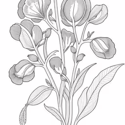 a drawing of a plant that appears to be flowering,a plant with three leaves and four flowers, vintage line drawing or engraving