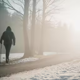 the person is walking in the snow while holding their ski poles