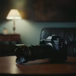 a camera sitting on a table in a dimly lit room