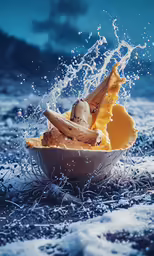 some kind of banana and cheese falling into the water