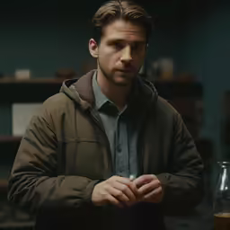 a man standing next to a wine bottle