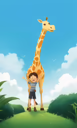 boy standing in front of giraffe holding another boy on the back