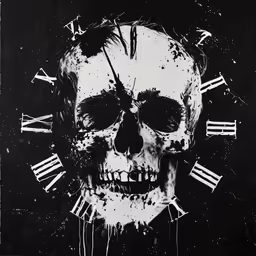 black and white photograph with a large skull and large clock