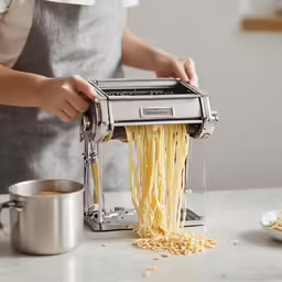 the person in apron is pulling noodles out of the machine