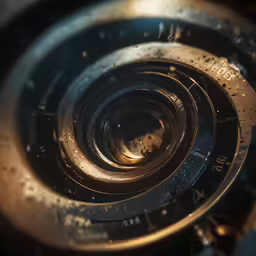 the inside of an old camera with water droplets