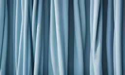 the curtains of a window are open to reveal blue draperies