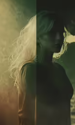 a beautiful blonde standing next to a dark wall