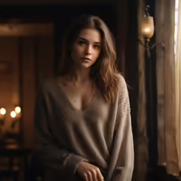 a woman stands in a room next to candles