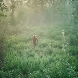 a man walking through a lush green field in the forest