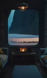 there is an ocean view out of the window