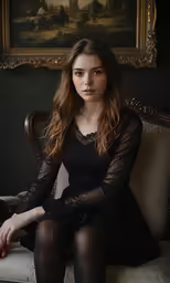 a woman wearing tights and black dress sits on a chair