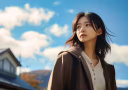 a young woman standing in front of a sky,an asian woman standing in front of the sky with an open umbrella