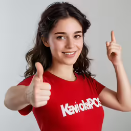 a girl in a red t - shirt giving the thumbs up