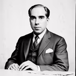 a man sitting at a table wearing a suit and tie