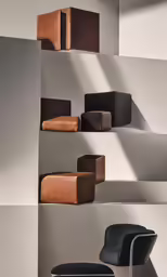 some brown and black objects are on a shelf