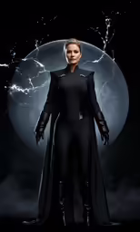 a woman in black outfit with lightning behind her