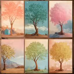 six different seasons are shown, including trees,five paintings of trees, each with different colors