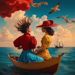 two ladies in a boat looking at birds flying over,two woman sitting on top of a boat next to a bird flying in the sky