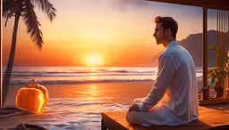 a man sits on a dock next to a pumpkin and looks out to the ocean,a man sitting in front of the ocean watching a pumpkin