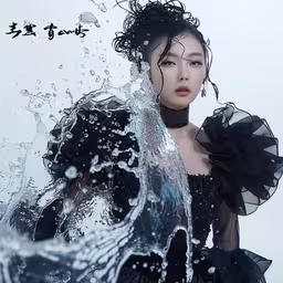the woman in the black dress is being splashed with water,the asian woman is covered with water on her hands