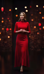 the woman is posing in a red dress and heels