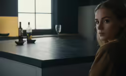 a blonde woman sitting at a kitchen counter with a wine glass on it