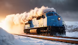 a train is riding on the tracks in the snow,a train rolls down the track on snowy slopes
