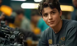 a boy poses in front of some cameras