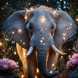 a large gray elephant with some bright lights on its trunk