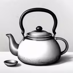 a black and white drawing of a kettle and cup