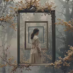 the image depicts an image of a girl standing in front of a large mirror