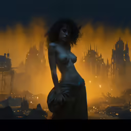 a naked woman is standing in front of the city