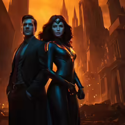 a couple of people dressed in black standing next to each other in a city with fire on the other side