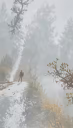 man in snow covered mountains taking a photo of trees