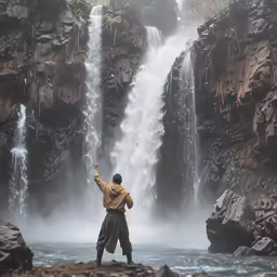 a man with his arms spread standing in front of a waterfall