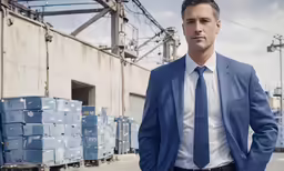 a man in a suit standing outside next to stacks of blue coolers