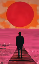 a man is walking on a pier at the beach