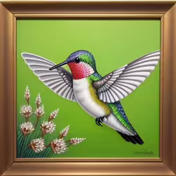 a picture of a hummingbird painted on green,the painting depicts a hummingbird on a green background