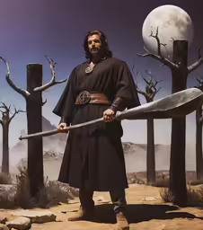 a man holding two large swords in his hand