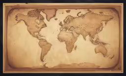 old world map displayed in square frame with grunge paper textured around the edges