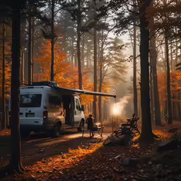 a van and camper parked in the woods near trees