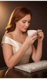 a woman is drinking coffee while looking at the computer screen