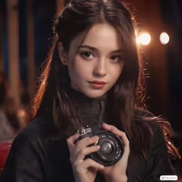 woman in leather jacket holding a camera in front of her