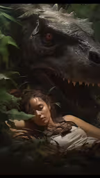 a girl laying in the grass with an adult dinosaur in her mouth,woman and dinosaur with woman