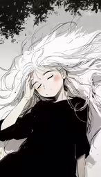 a person with long hair laying down on their back